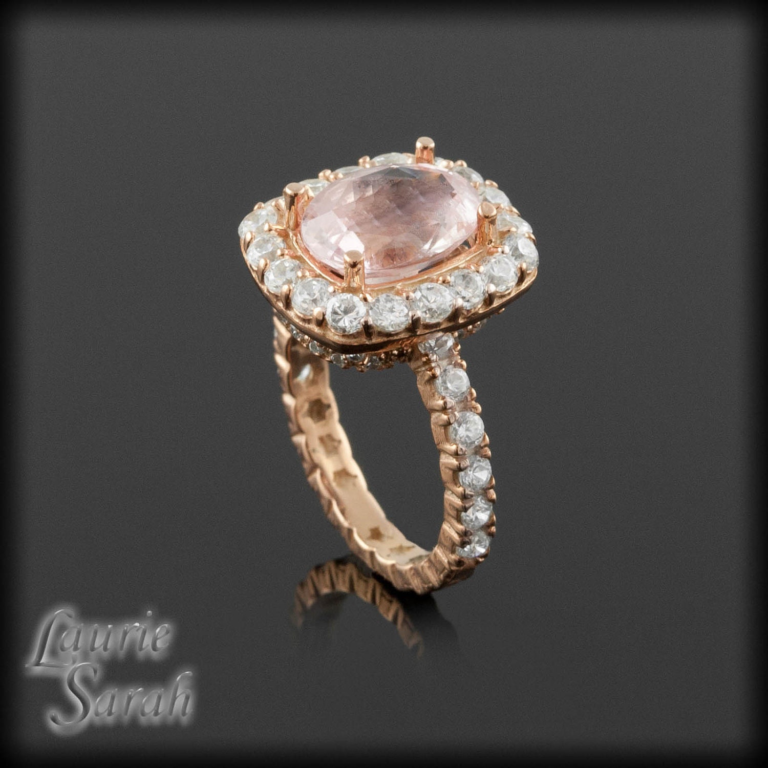 Oval Light Pink Sapphire 14kt Rose Gold Engagement Ring  - Stunning F,VS2-SI1 Diamond Halo - LS2609