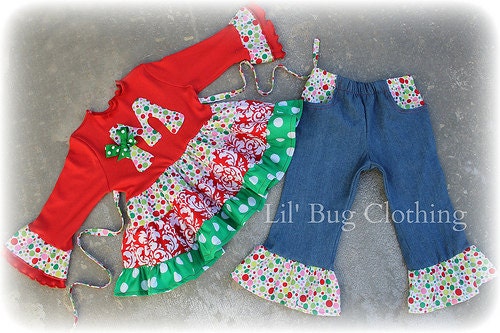 Custom Boutique Clothing Christmas Initial Personalized Denim Pocket  Top and Pant Girl