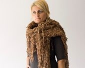 Infinity  scarf , neckwarmer , knit cowl with fringes in Brown / Beige tones