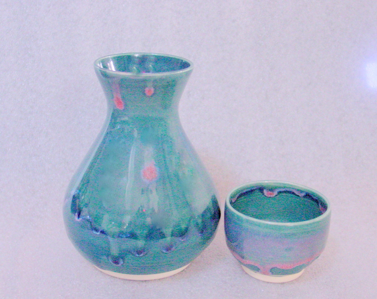 Wheel Thrown Sake Bottle & Sake Cup in Teal and Pink