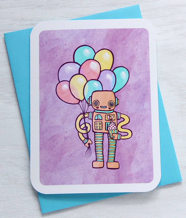 Happy Birthday Robot Balloons - Notecard