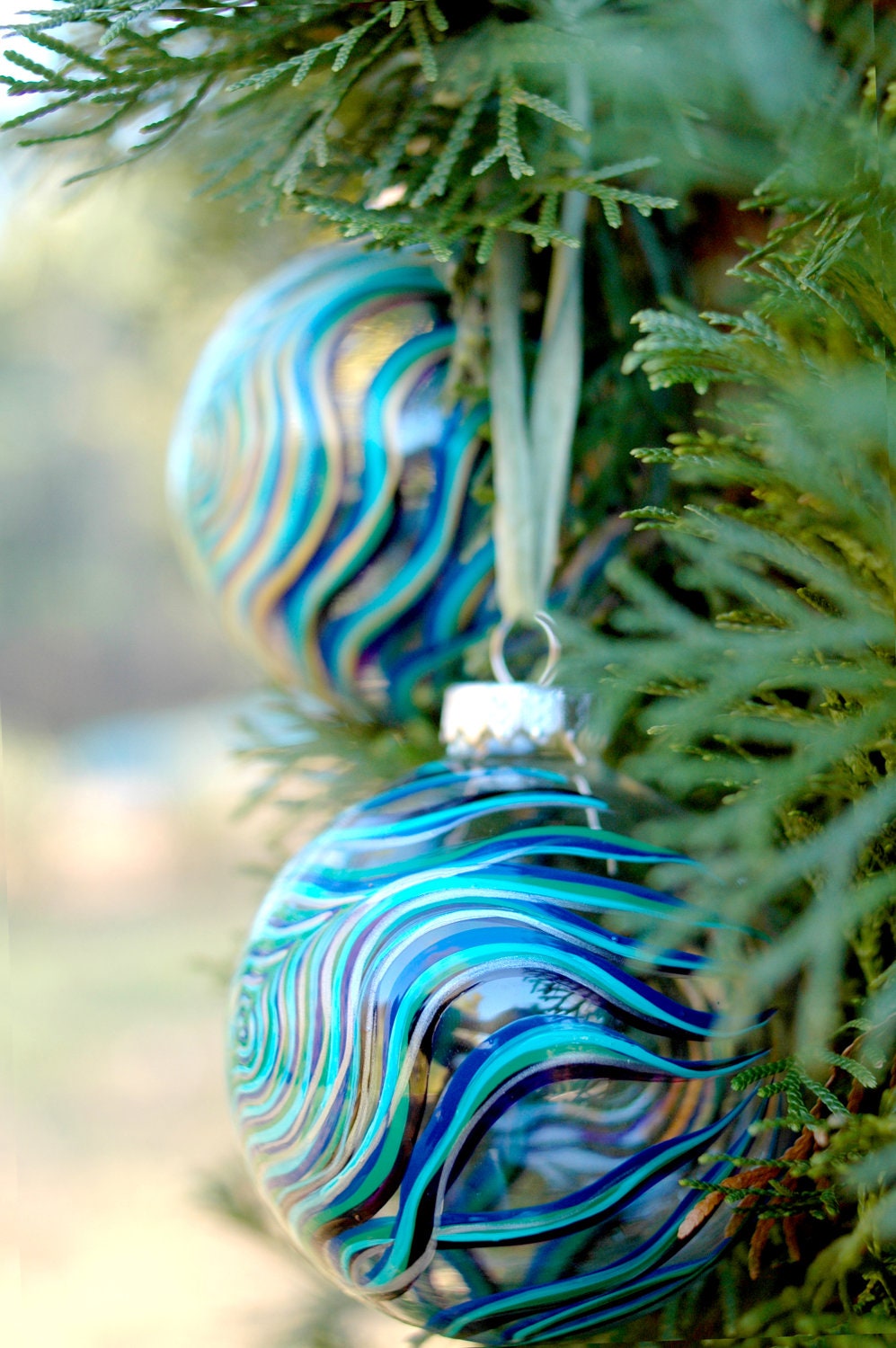 Peacock Feather Glass Ornament--Large Ornament Hand Painted in your choice of Gold or Silver Accents
