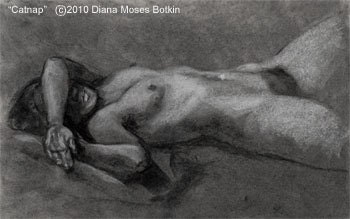 CATNAP -- Nude Female Life Study-- 12x18 inch Charcoal and chalk drawing on grey paper, unframed, by Diana Moses Botkin