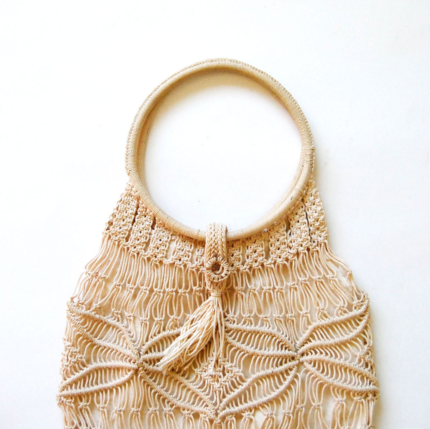 woven MACRAME tote / 1970s CIRCLE handle bag