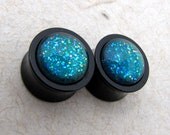 Double Flare Plugs - Black Acrylic Plugs - Atlantis Blue Green Sparkle - 1/2" 9/16" - Glitter Green Plugs