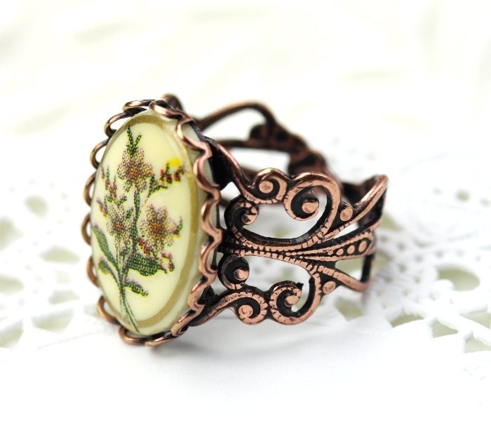 Wildflowers Neutral Floral Cameo Flower Ring Copper Ornate Filigree Adjustable Band R041