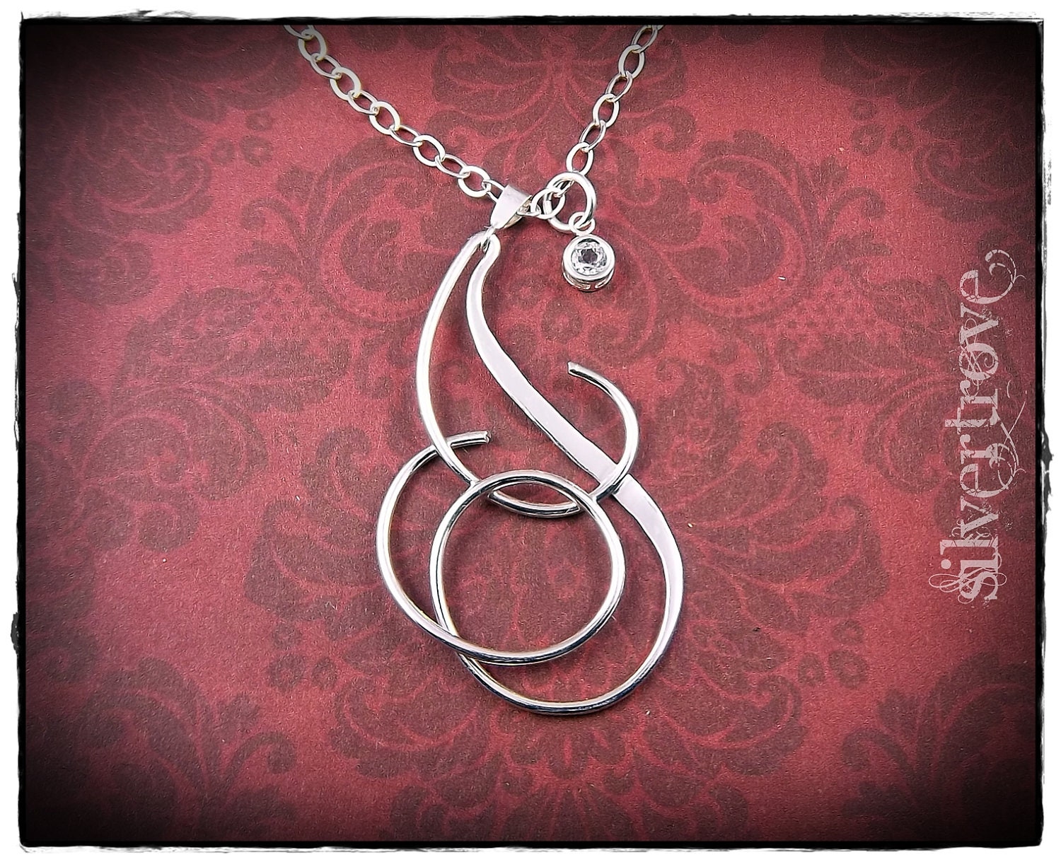 Personalized Birthstone Initial Pendant Large Size Sterling Silver Calligraphy Script on a 16, 18 or 20 Inch Chain With Handmade Clasp