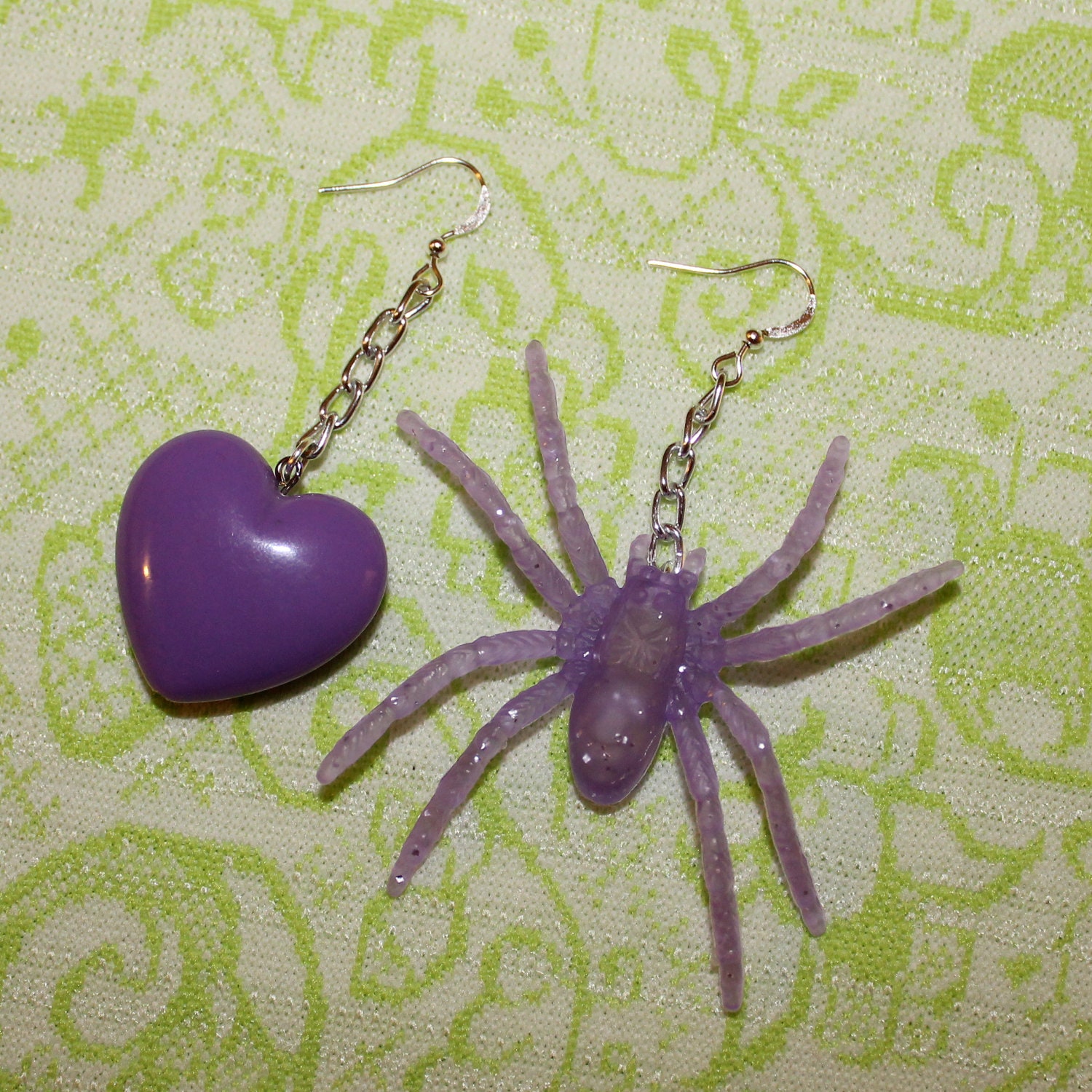 purple spider and heart earrings