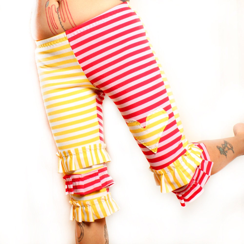 Bloomer Capri Pants, Bright Yellow White and Red Pink Stripes, Knee length, ruffles, heart patch, Stretch Cotton Yoga Layer, Crude Things