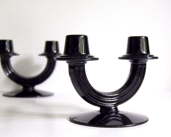 Vintage Candle Holders Fostoria Black Glass 1930s George Sakier Double Candlesticks Art Deco Pair