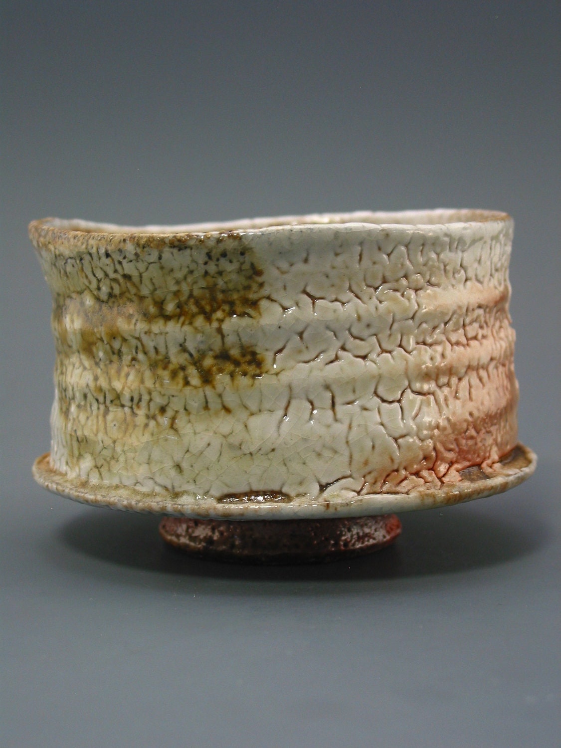Wood Fired Chawan, iron rich stoneware with shino, creek clay and natural ash glazes