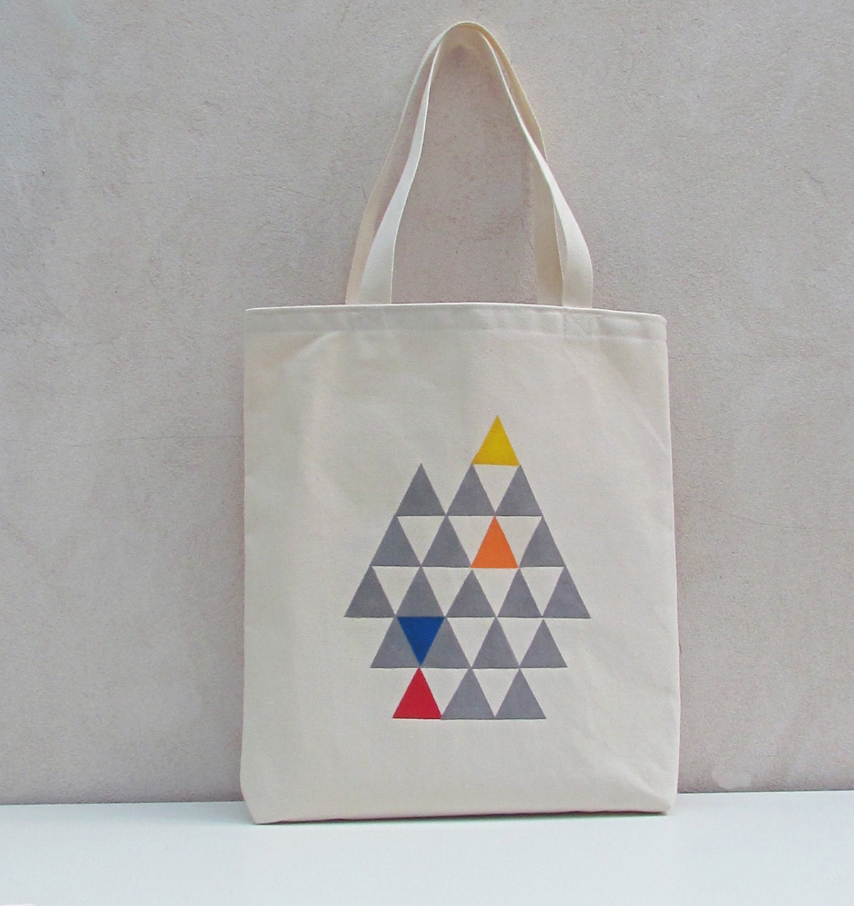 Tote bag canvas cotton with handprinted triangles