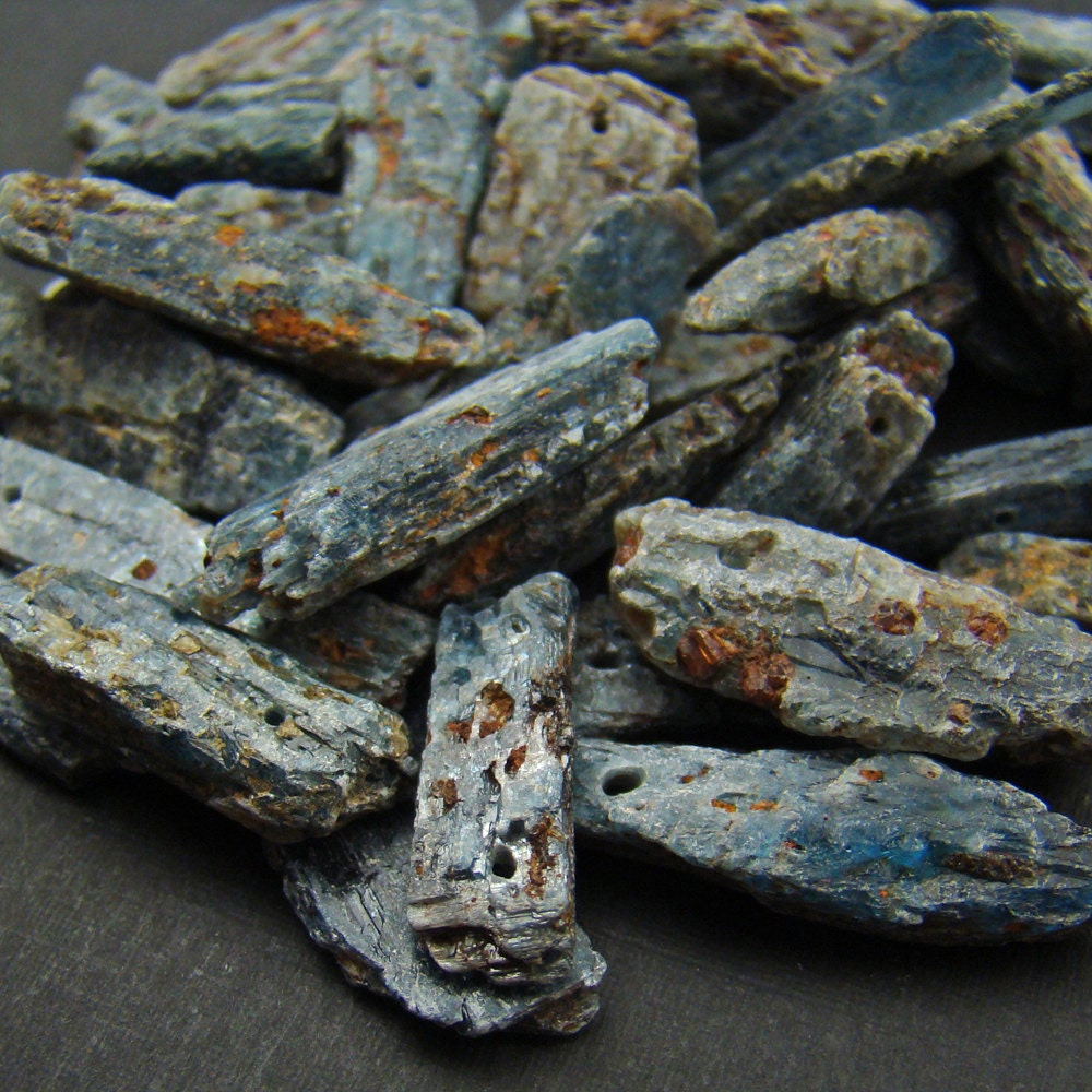 Long kyanite beads, offset rough cut blue grey semiprecious stone, 55 pcs