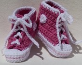 Raspberry Pink and White High Top Sneaker Chucks Converse Style Keds Style Crocheted Baby Booties 6 to 9 months