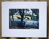 MATTED Nature Art, River, Bridge, Trees, Green and Blue, Woodblock Print "Niagara River"