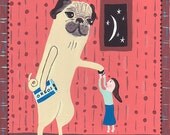 Pug with Oreos and Girl ACEO/ Art Trading Card Mini Print Folk Art Animal Card