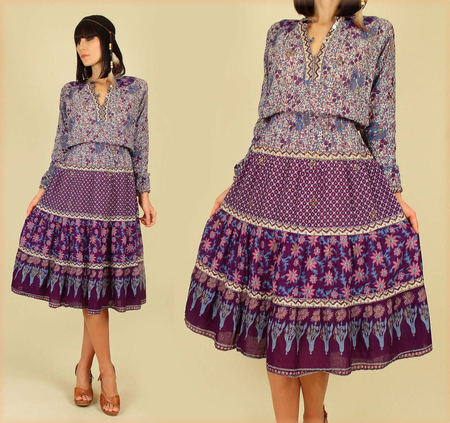 ViNtAgE 70's India Floral Gypsy Cotton HiPPiE Festival Dress M