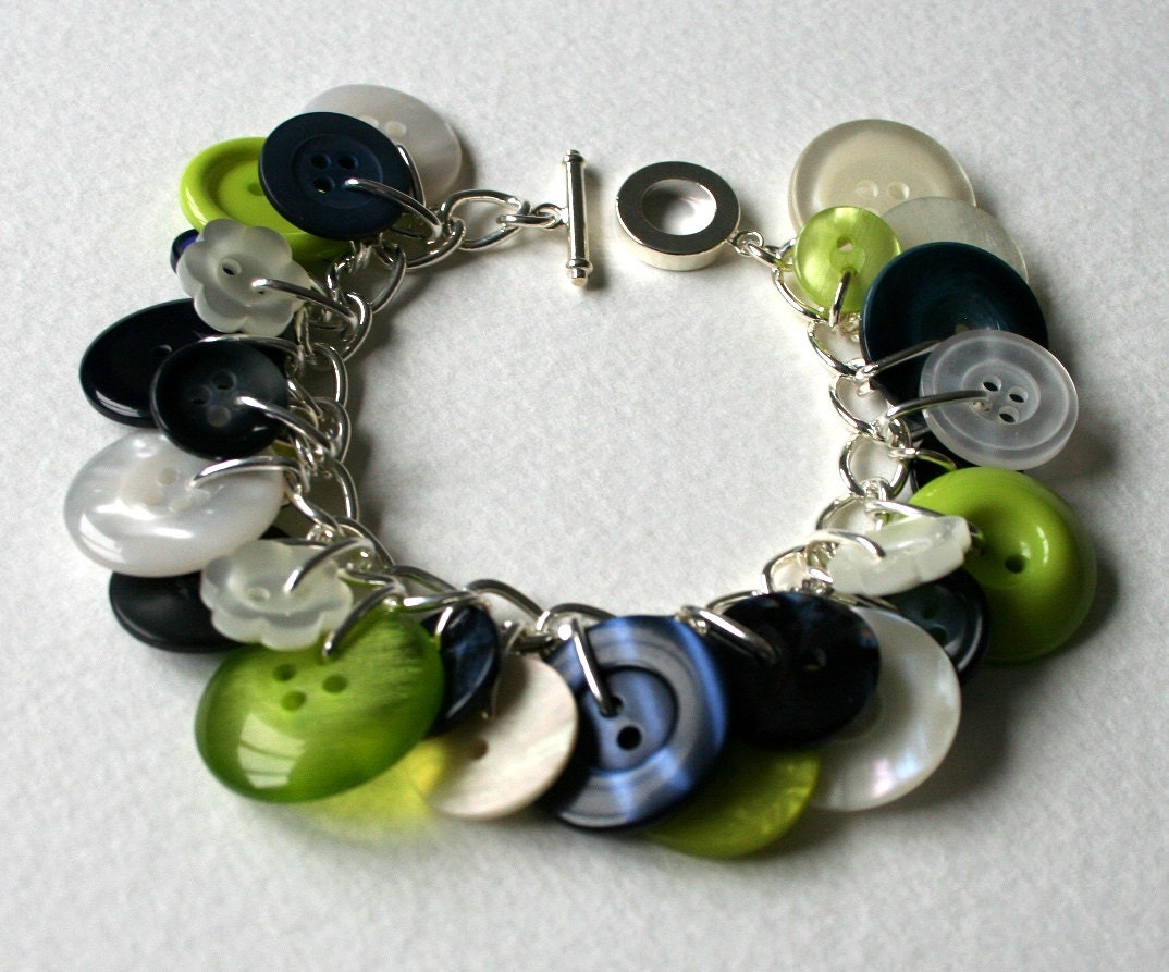 Lime Navy and Pearl Button Charm Bracelet
