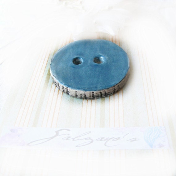 Handmade Ceramic Button in Dusty Blue Country edging Stoneware