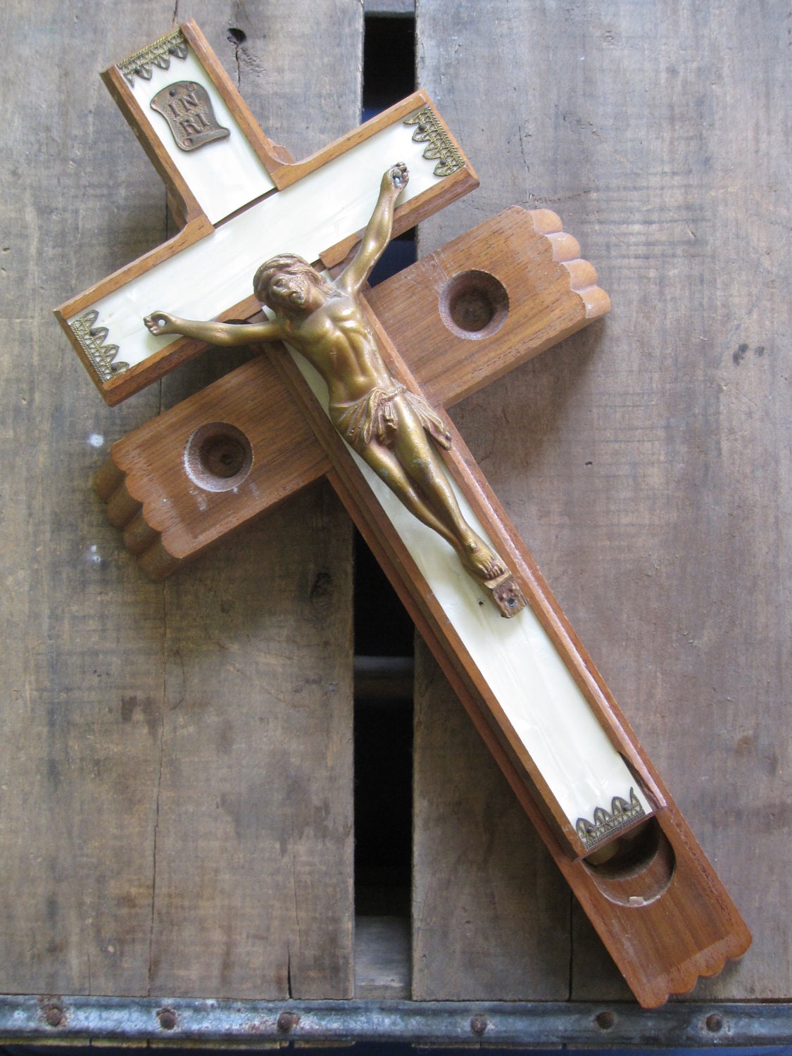 Antique Last Rites Crucifix Hand Carved Wood with "Mother of Peal" Inlay