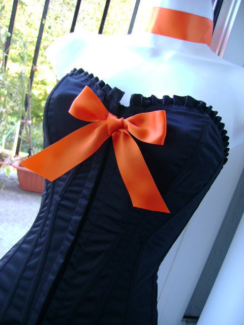WITCHES orange N black creepy corset HALLOWEEN boned bow basque 32 - 34 inch bust