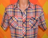 vintage 70s shirt plaid short sleeve KENNINGTON button down preppy rainbow Medium madras