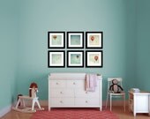 Set of 6 8x8 whimsical Hot Air Balloon photos - nursery, childrens room decor, red and white, blue, sky, stripes, checks, typography