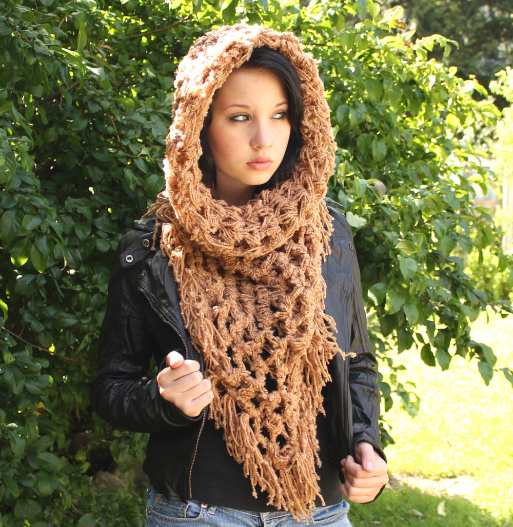 The Fringe Cowl neck scarf hood chunky vegan shawl hemp brown