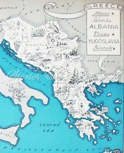 Map Greece Albania Yugoslavia - Greek Isands - Vintage Map of Greece - A Fun and Funky Little 1930s Vintage Map of Greece to Frame