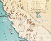 California Map - NEW SIZE - Vintage Map of California - Aqua - A Fun and Funky Little Picture Map of California to Frame