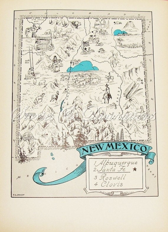 New Mexico Vintage Map - A Fun and Funky Little 1930s American Vintage Picture Map to Frame