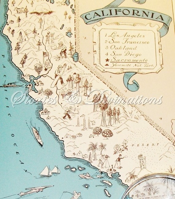 California Map - NEW SIZE - Vintage Map of California - Aqua - A Fun and Funky Little Picture Map of California to Frame