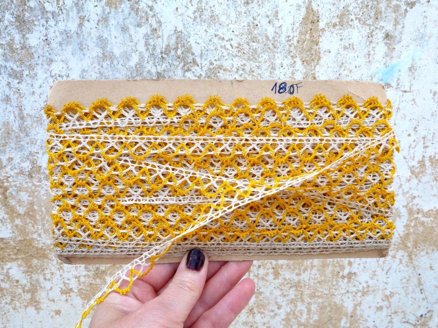 Vintage French 1930 ivory  and yellow cotton lace trim 20 yards