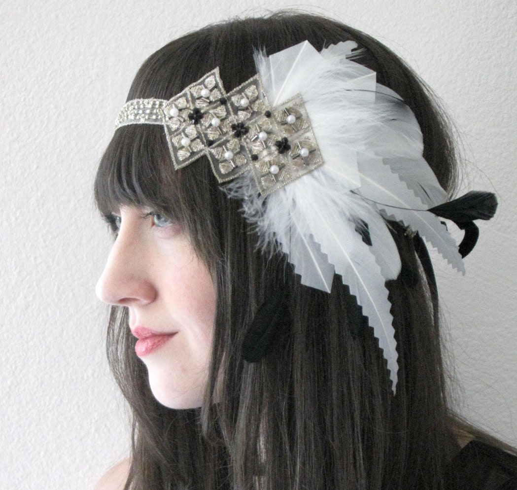 Ice Queen Flapper Feather Headband White And Black