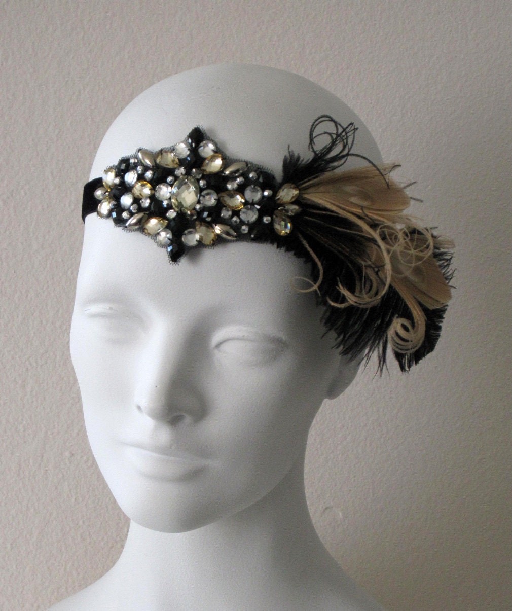 Party Girl Flapper Feather Headband Black And Champagne