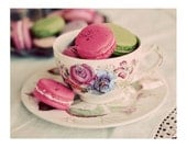 Still Life Photo, Macarons and Tea, 8x10 Print, Vintage Teacup, Shabby Chic , Food Photography, Pink ,Green