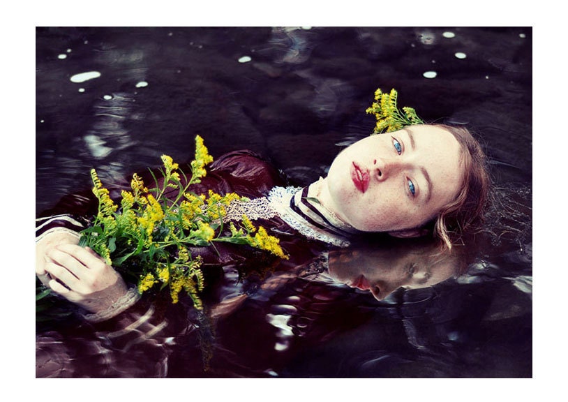 SALE Fine Art Photo, Ophelia,  5x7 Print, Female Figure, River, Yellow Flowers, HauntingPhotograph, Rich Colors