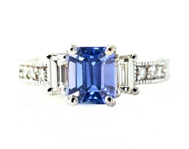 14K Blue Sapphire Engagement Ring 3 Stone Emerald Cut Blue Sapphire Ring Diamond 18K Platinum Custom Bridal Jewelry
