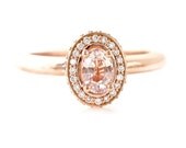 14K Peach Sapphire Engagement Ring Baby Pink Sapphire Ring Diamond Halo Champagne Custom  Bridal Jewelry