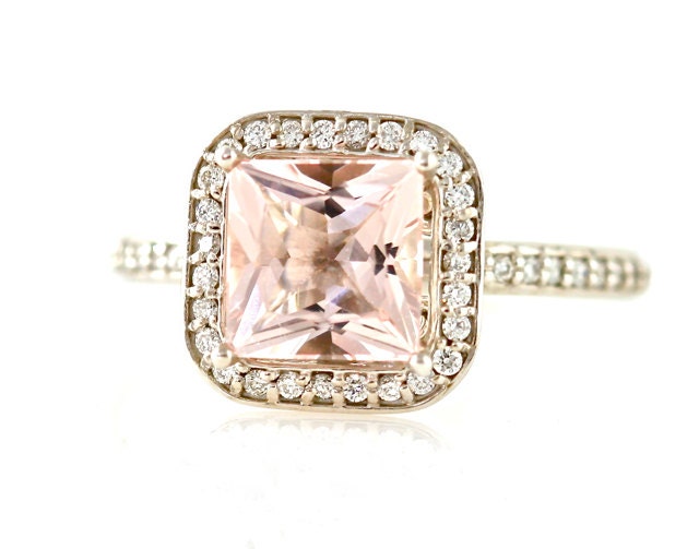 14K Princess Morganite Diamond Engagement Ring Morganite Ring Diamond Halo Custom Bridal Jewelry