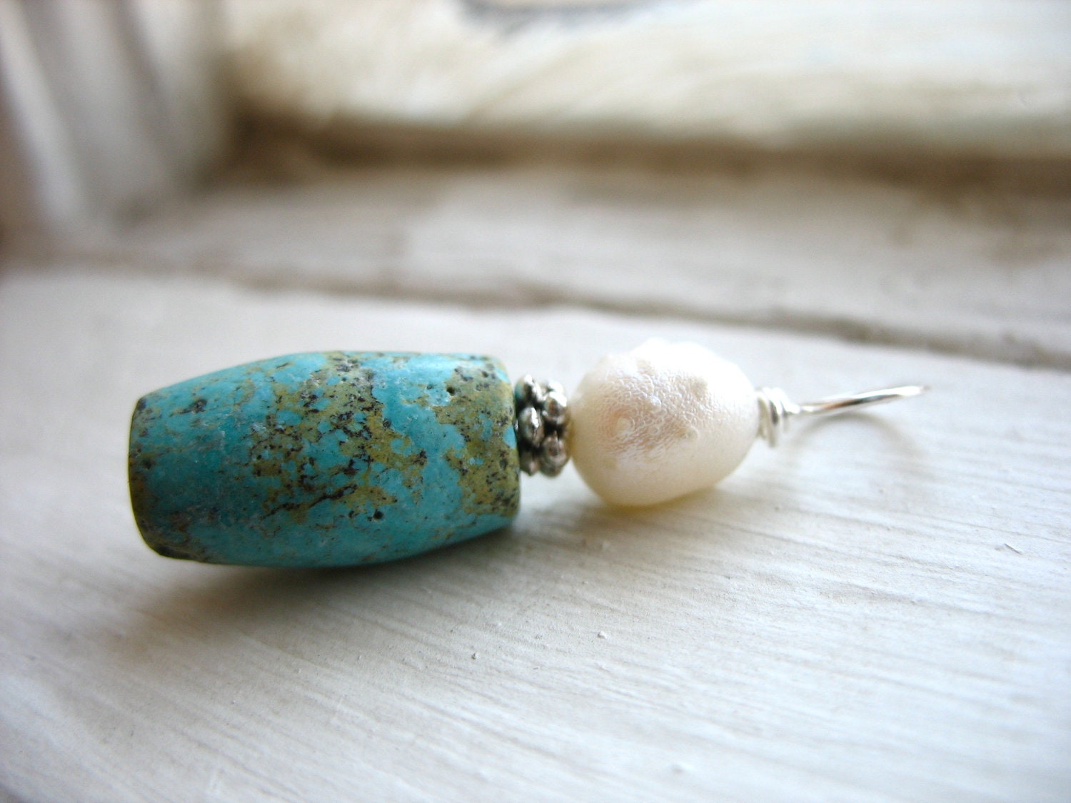 Turquoise Pearl Stone Pendant, handmade artisan gemstone jewelry, FREE Shipping