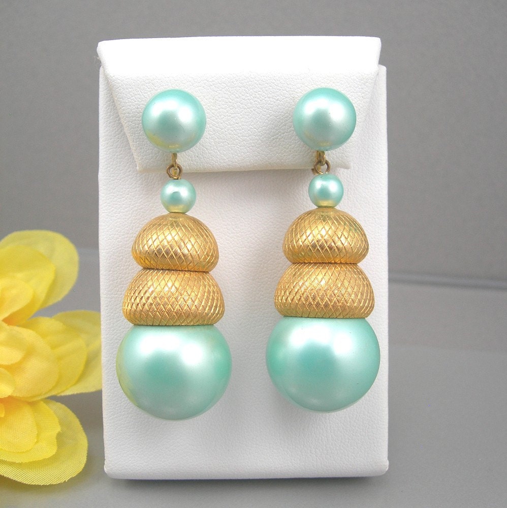 Vintage Clipon Earrings Mint Green Faux Pearls Drops Dangles Large Chunky 1980s Costume Jewelry Statement Makers