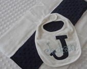 Personalized Gift Set of 1 Baby boy Bib with Appliqued INiTiaL in MiNKy and embroidered name and 1 burp cloth in Navy Blue and Light Blue