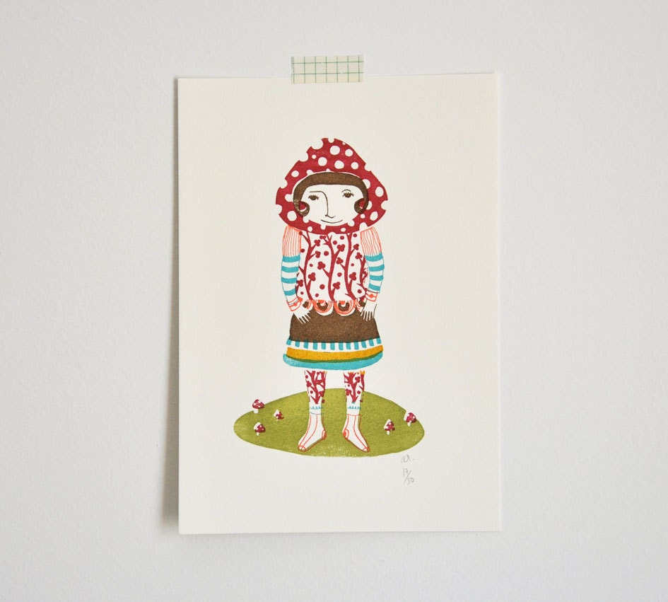 mushroom girl -  gocco screenprint - limited edition