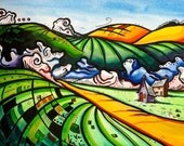 Small Print of Whimsical Cottages Placed in Rolling hills of Grass Green and Gold