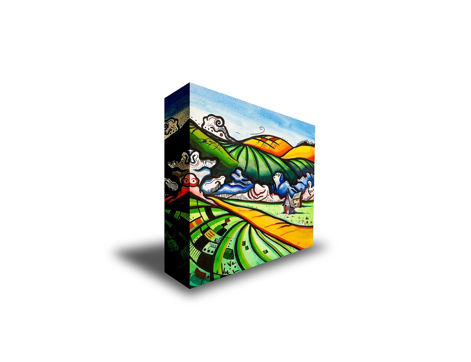 A 12x12 Print of two Cottages set in Fields of Grass Greens and Golden Yellows