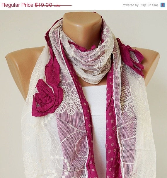 SALE - Burgundy Rose..Elegant Scarf. Tulle Scarf..Romantic Scarf. Cotton Scarf. Shabby Chic