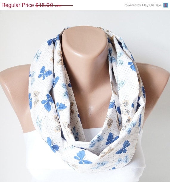 SALE - Butterfly Scarf,  Infinity Scarf,  Cotton Scarf, White blue cream