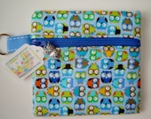 Blue Mini OWL Print Zipper Pouch Coin Bag Purse with Charm