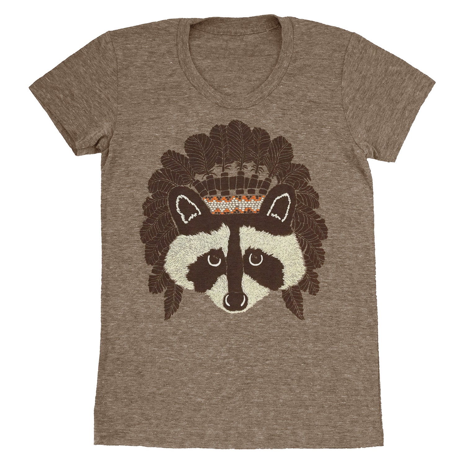 Raccoon - Womens Girls Scoop Neck Tshirt Tee Shirt Native American Indian Feathers Retro Headdress Cute Adorable Athletic Coffee Tshirt